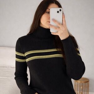 Vintage Black Striped Ribbed Turtleneck